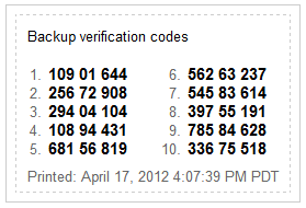 backup codes