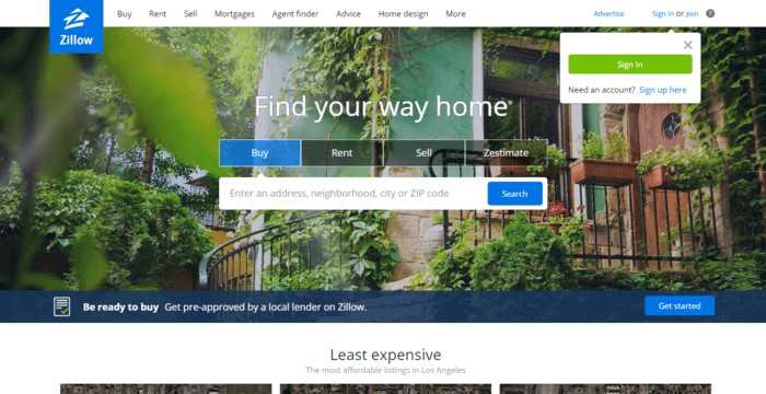 landing page design - Zillow