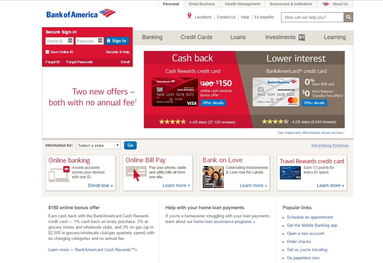 web design of Bank of America