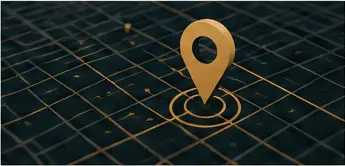 Gold map pin on a dark map grid